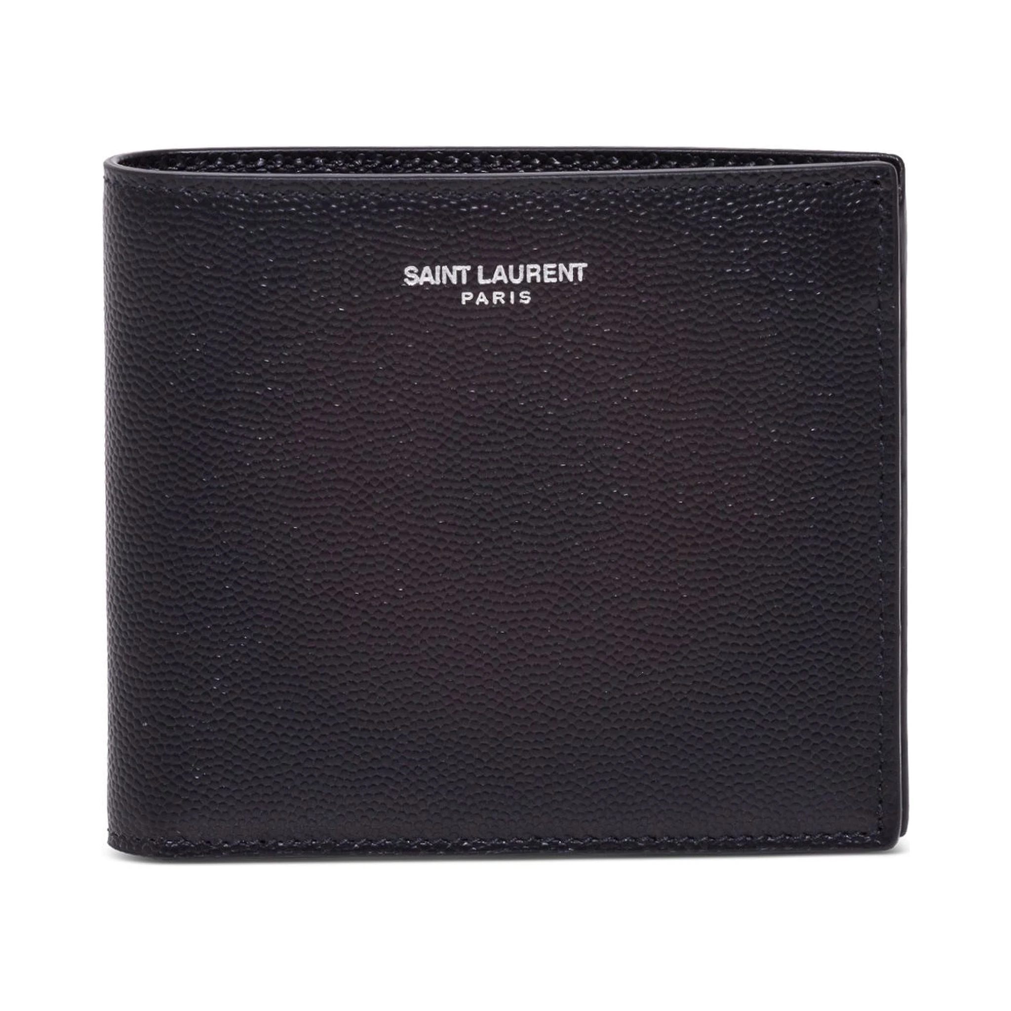 Saint Laurent Mans Bifold Black Leather Wallet with Logo