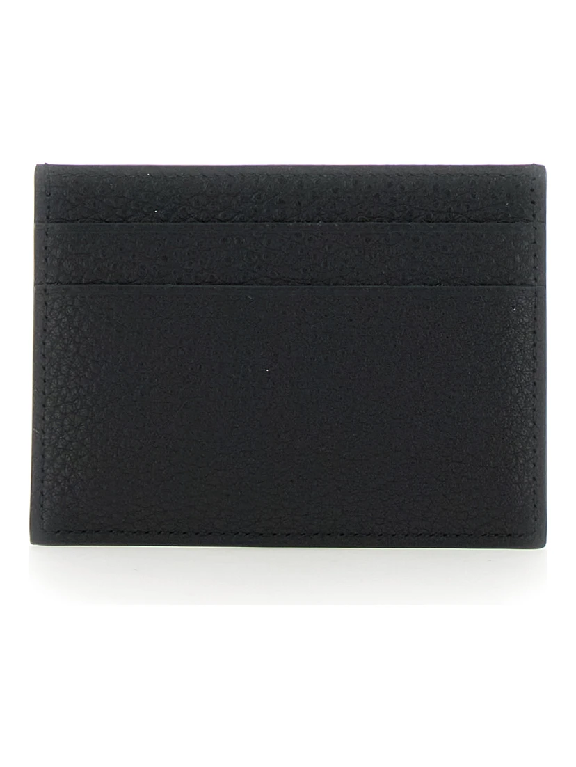 Black Card Holder with Logo Lettering on the Front in Grained Leather Man