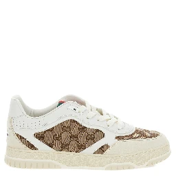 Re-Web Beige and Ebony Low Top Sneakers with Gucci Lettering in Leather and Original GG Fabric Man