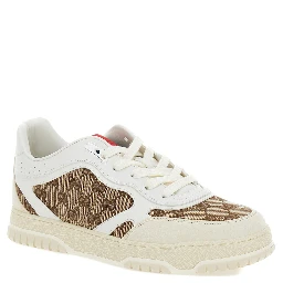 Re-Web Beige and Ebony Low Top Sneakers with Gucci Lettering in Leather and Original GG Fabric Man