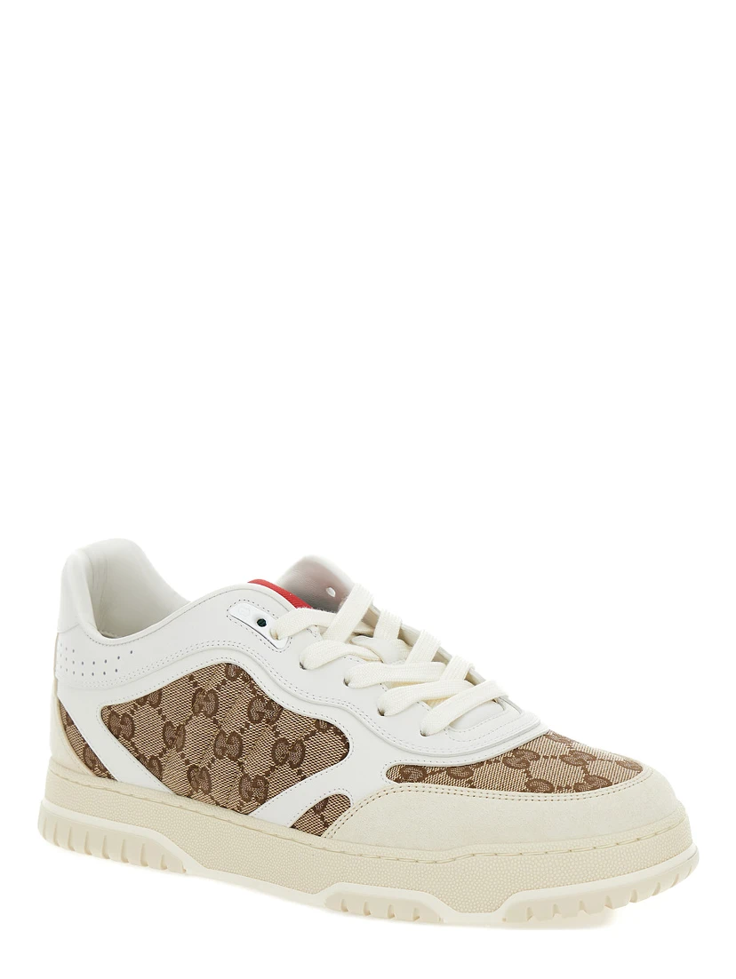 Re-Web Beige and Ebony Low Top Sneakers with Gucci Lettering in Leather and Original GG Fabric Man