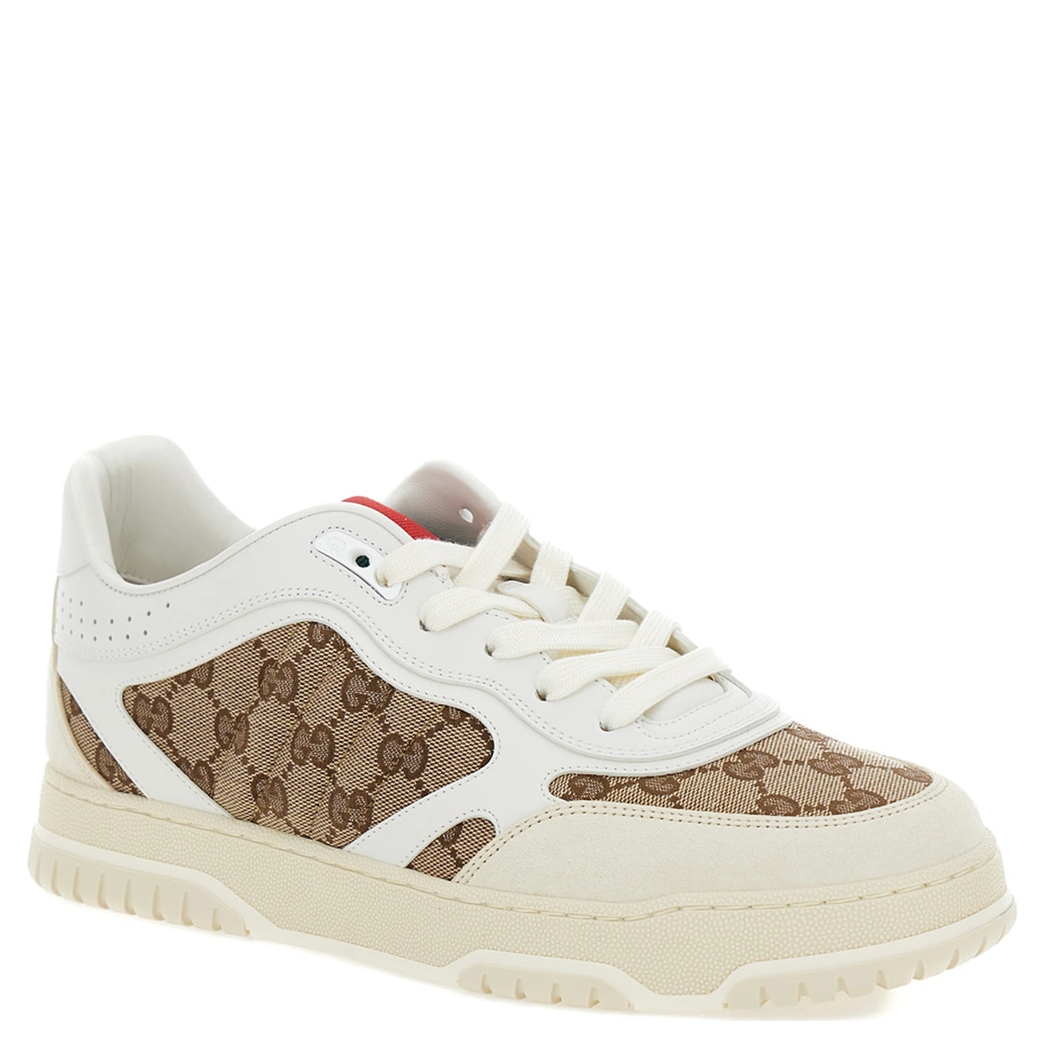 Re-Web Beige and Ebony Low Top Sneakers with Gucci Lettering in Leather and Original GG Fabric Man