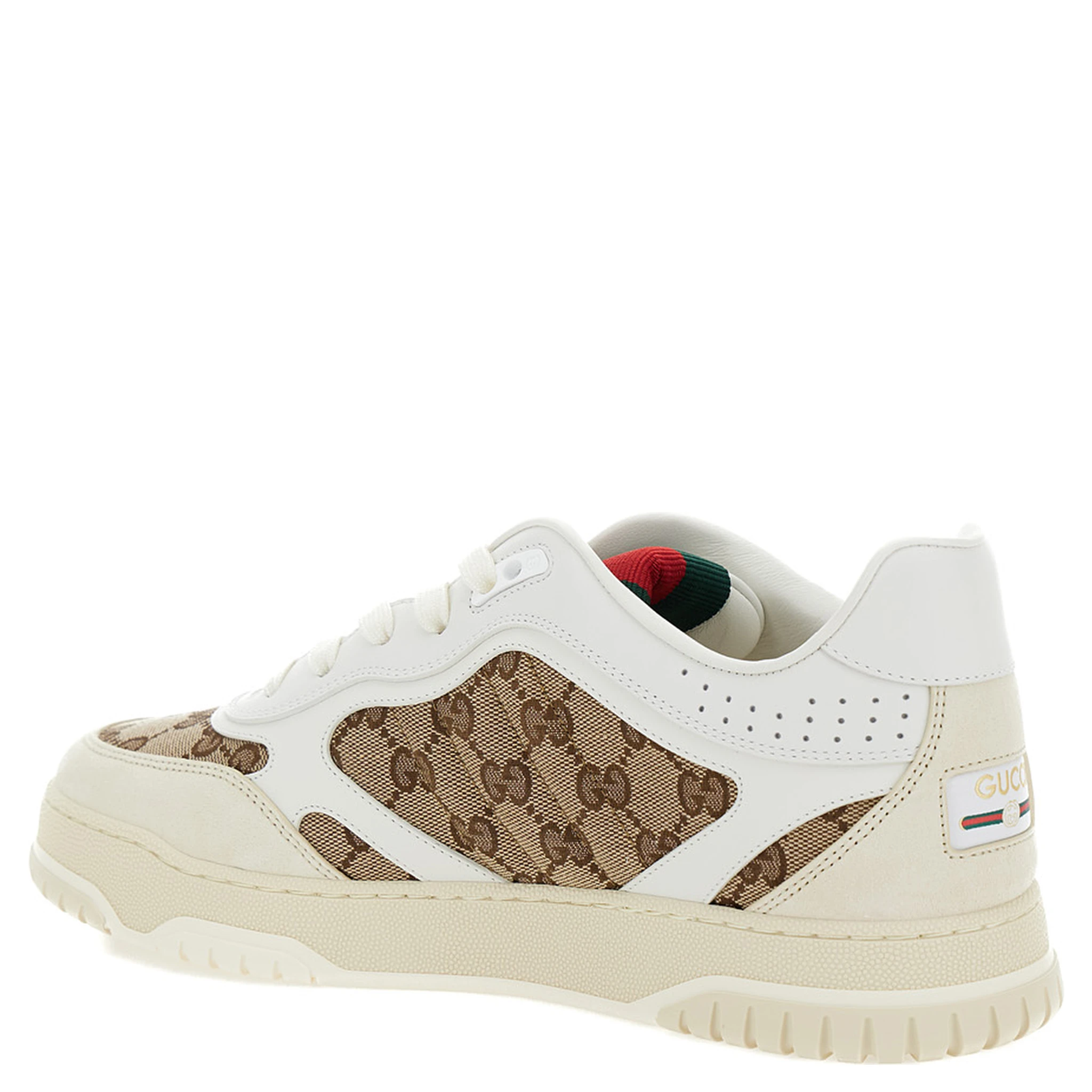 Re-Web Beige and Ebony Low Top Sneakers with Gucci Lettering in Leather and Original GG Fabric Man