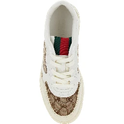 Re-Web Beige and Ebony Low Top Sneakers with Gucci Lettering in Leather and Original GG Fabric Man