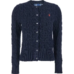 Blue Cable Knit Crewneck Cardigan with Pony Embroidery on the Front in Cotton Woman