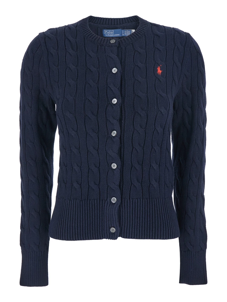 Blue Cable Knit Crewneck Cardigan with Pony Embroidery on the Front in Cotton Woman