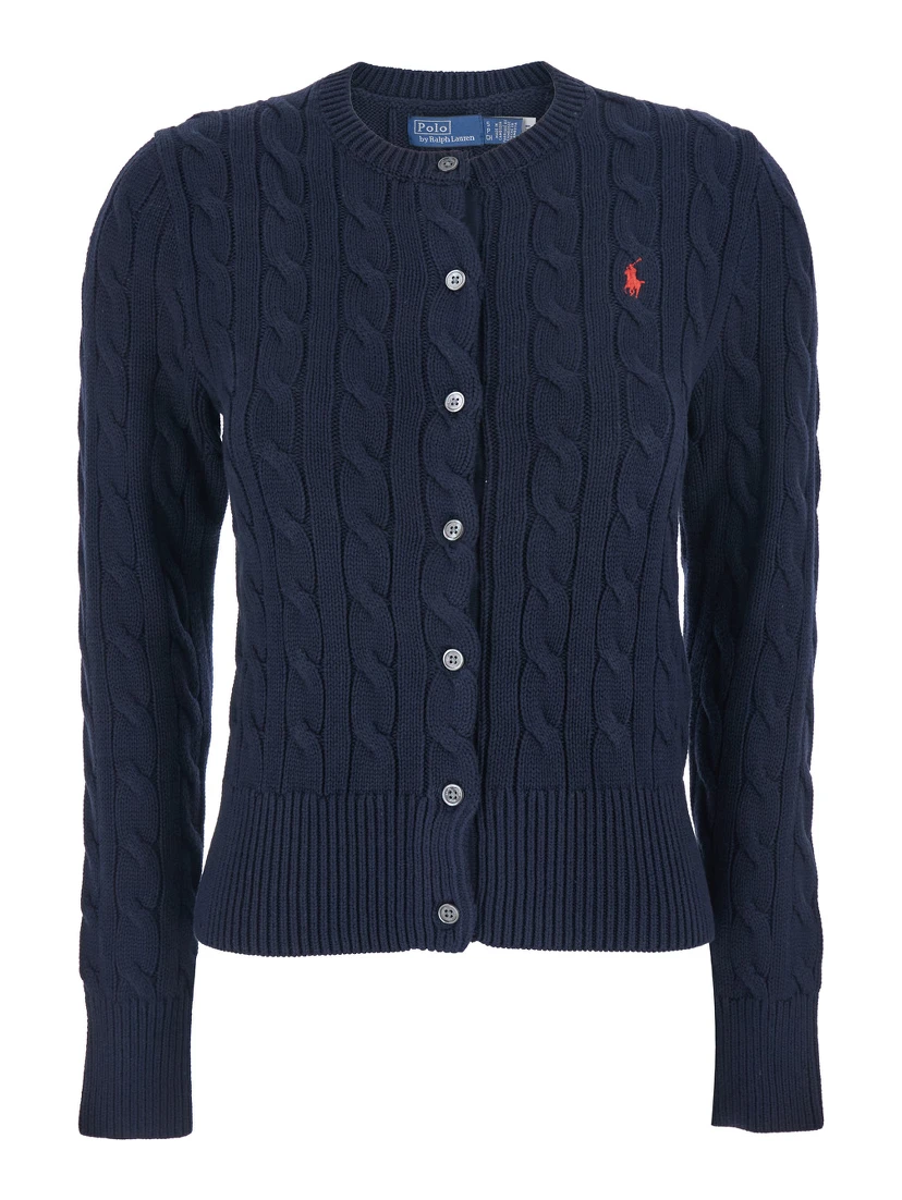 Blue Cable Knit Crewneck Cardigan with Pony Embroidery on the Front in Cotton Woman