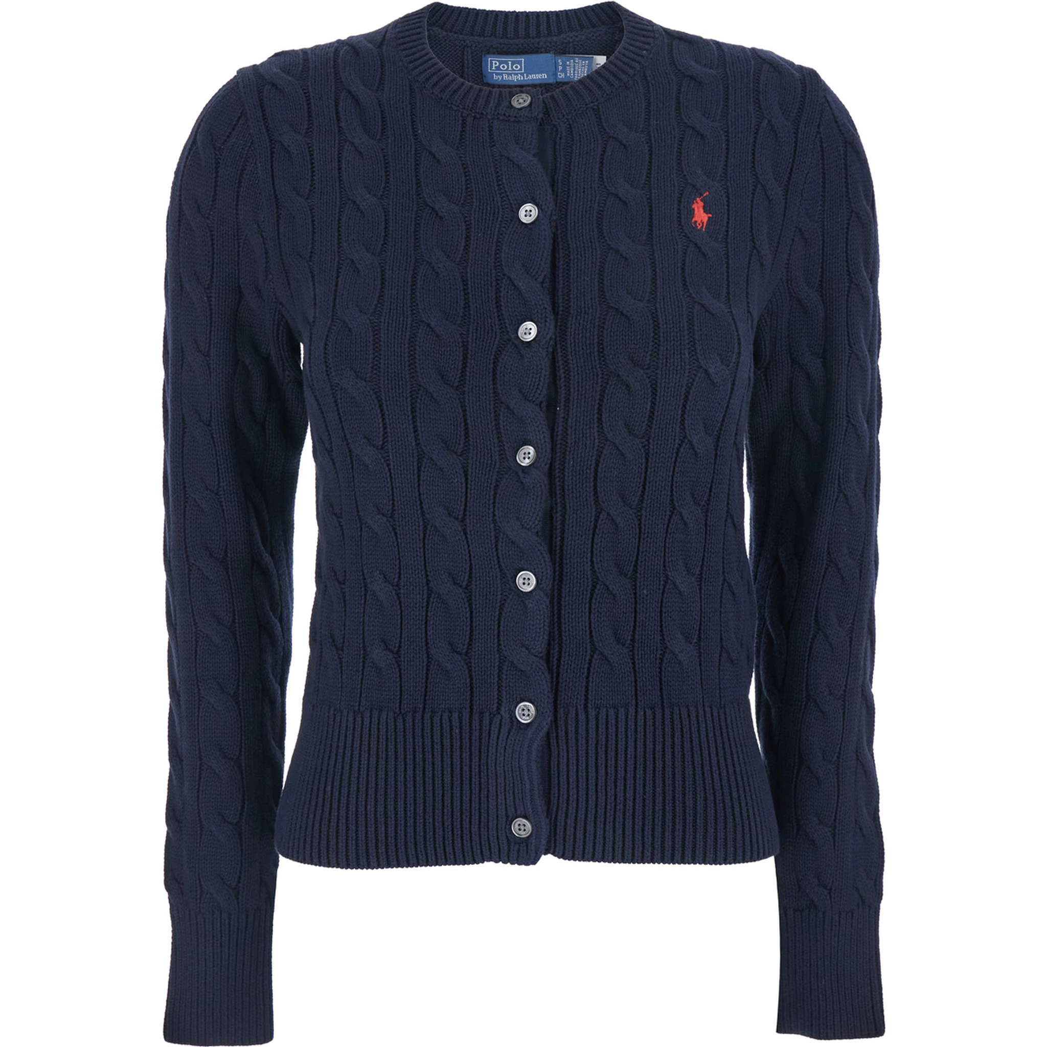 Blue Cable Knit Crewneck Cardigan with Pony Embroidery on the Front in Cotton Woman