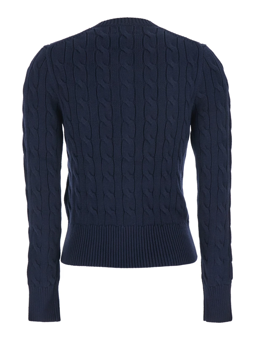 Blue Cable Knit Crewneck Cardigan with Pony Embroidery on the Front in Cotton Woman