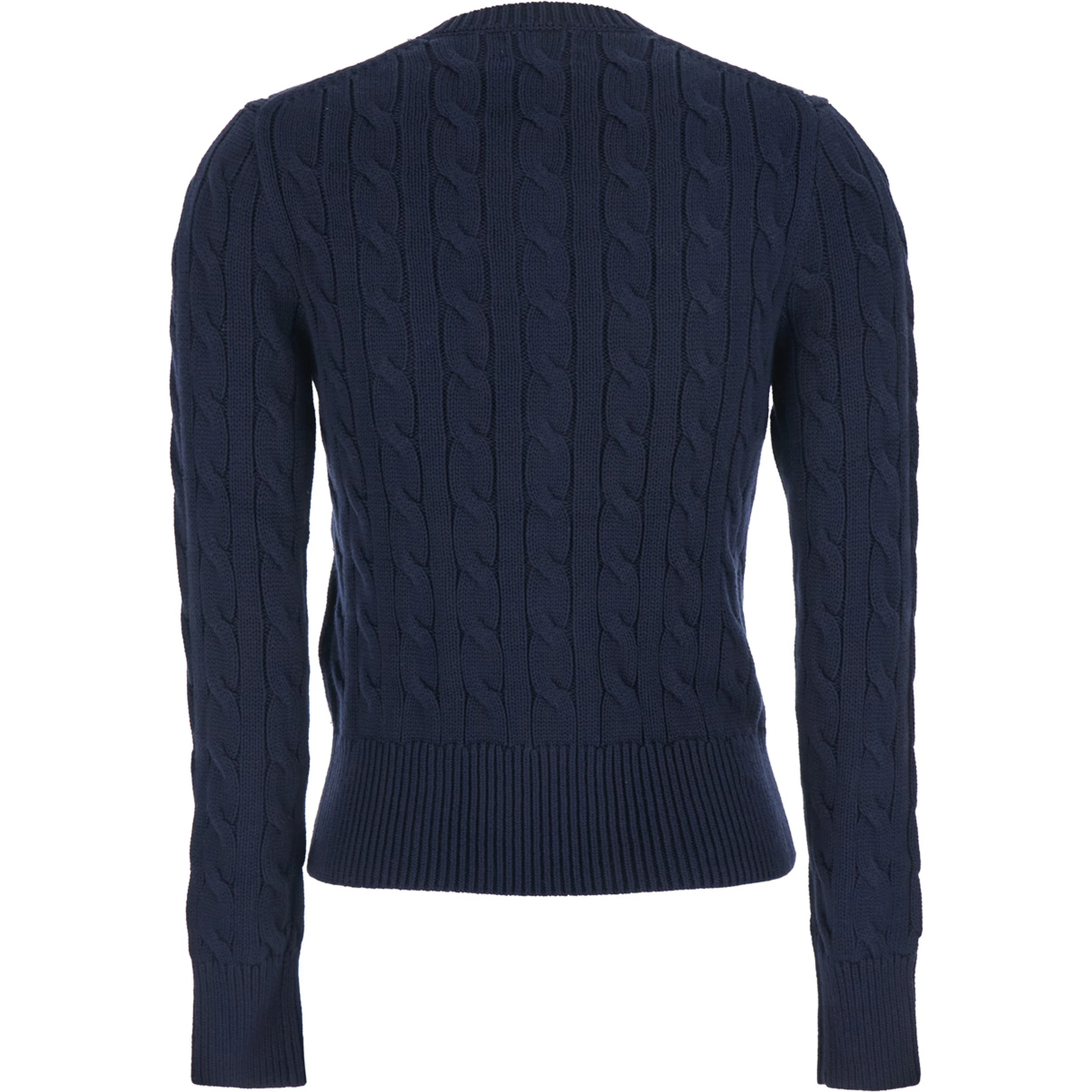 Blue Cable Knit Crewneck Cardigan with Pony Embroidery on the Front in Cotton Woman