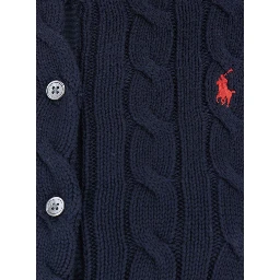 Blue Cable Knit Crewneck Cardigan with Pony Embroidery on the Front in Cotton Woman