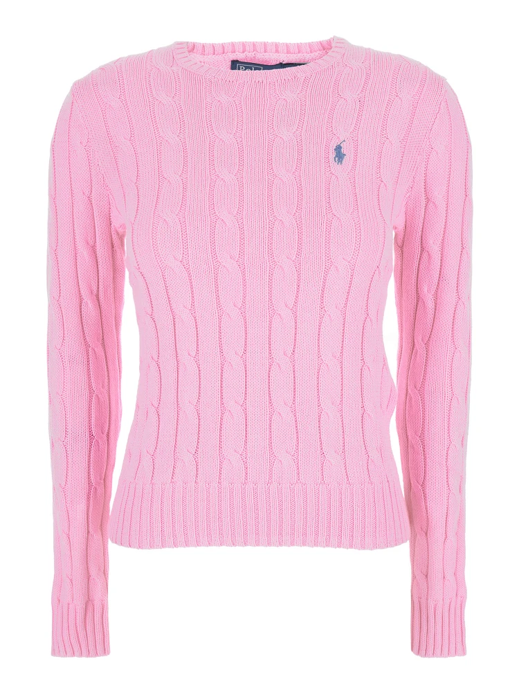 Pink Crewneck Sweater with Pony Embroidery on the Front in Cotton Woman