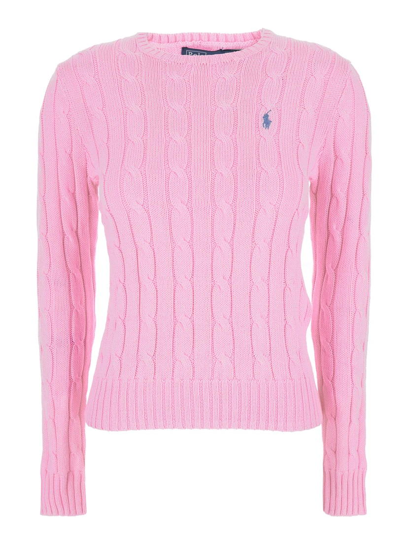 Pink Crewneck Sweater with Pony Embroidery on the Front in Cotton Woman