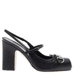 Black Slingback Pumps with Square Toe and Horsebit on the Front in Leather Woman