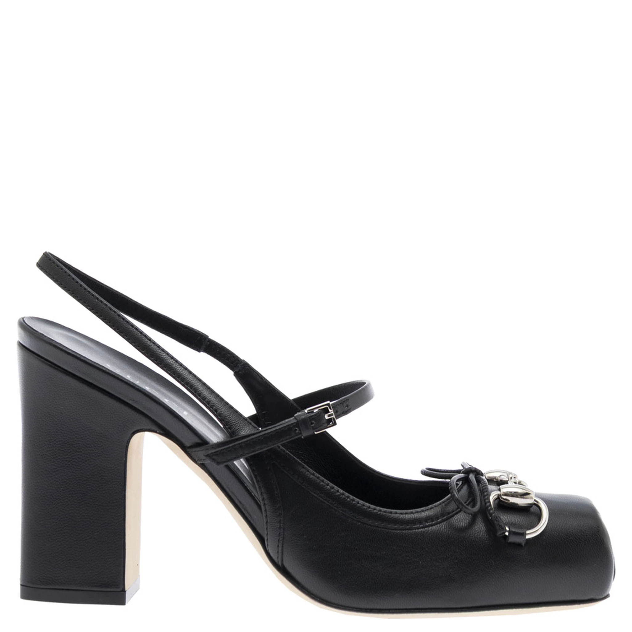 Black Slingback Pumps with Square Toe and Horsebit on the Front in Leather Woman