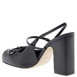 Black Slingback Pumps with Square Toe and Horsebit on the Front in Leather Woman