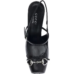 Black Slingback Pumps with Square Toe and Horsebit on the Front in Leather Woman