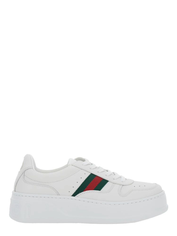 White Sneakers with Web Detail and Oversized Sole in Leather Woman