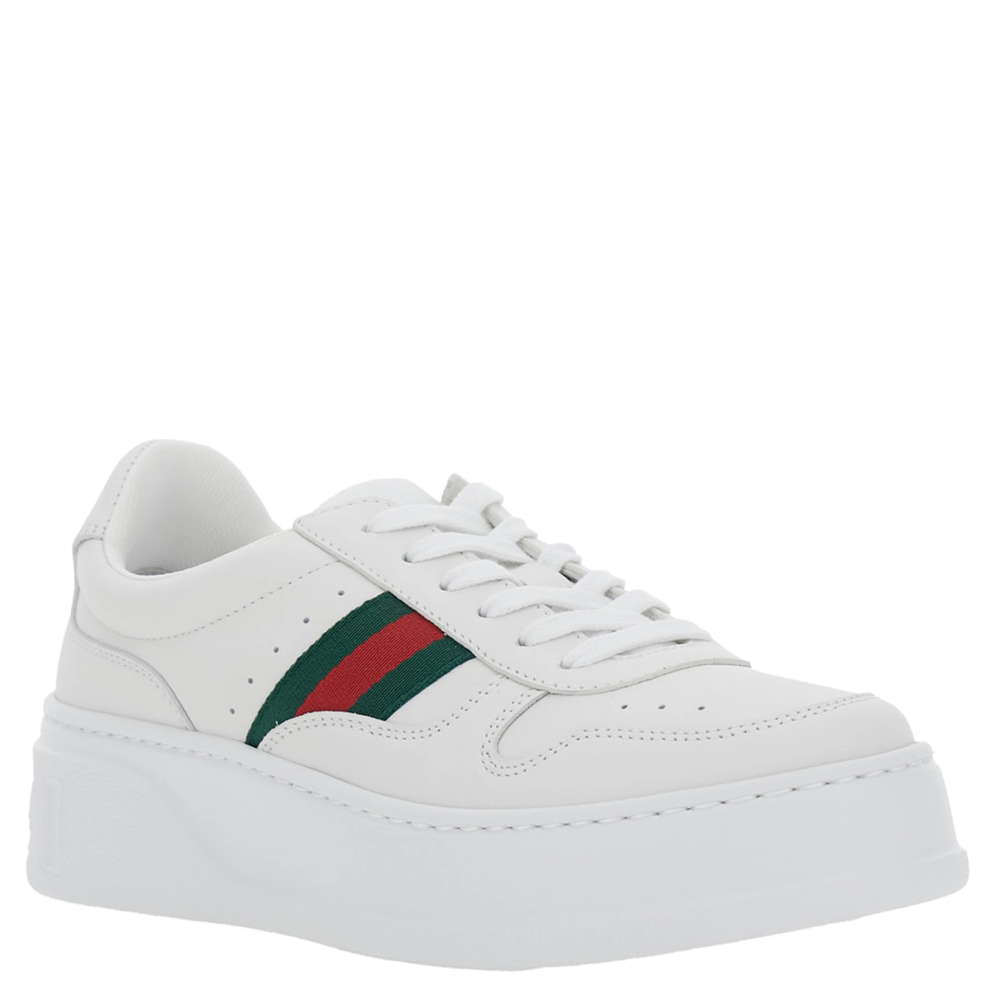 White Sneakers with Web Detail and Oversized Sole in Leather Woman