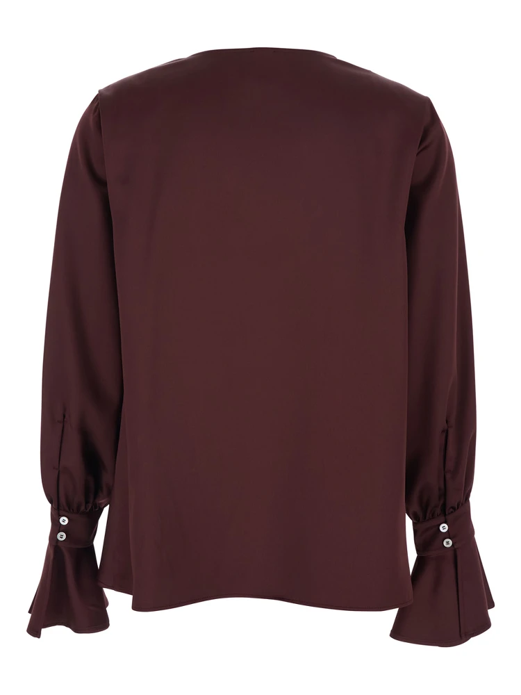 Filipa Bordeaux Blouse with Draped Neckline and Flared Cuffs in Tech Fabric Woman