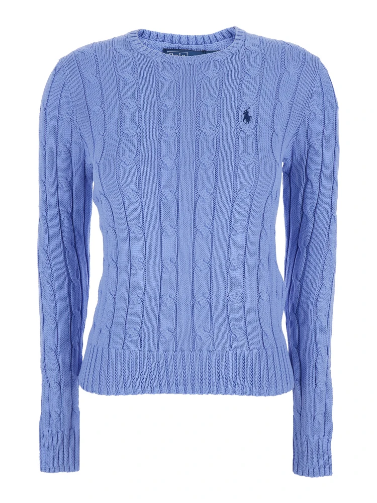 Blue Crewneck Sweater with Pony Embroidery on the Front in Cotton Woman