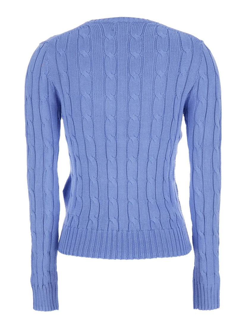 Blue Crewneck Sweater with Pony Embroidery on the Front in Cotton Woman