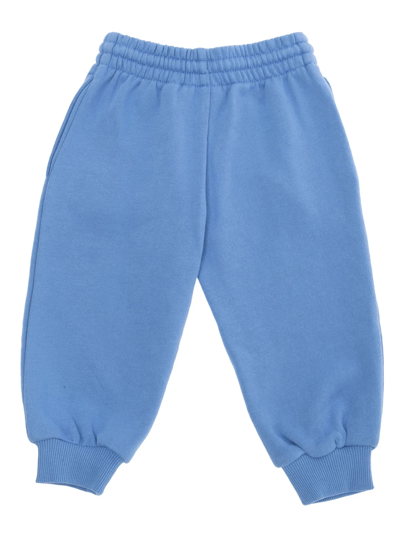 Light Blue Trousers with Elastic Waist and Front Embroidery in Cotton Baby