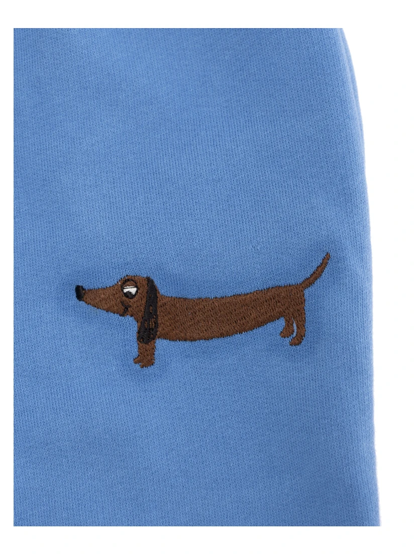 Light Blue Trousers with Elastic Waist and Front Embroidery in Cotton Baby