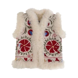 Multicolor Sleeveless Jacket with Fur Trims and All-Over Floral Motif in Cotton Woman
