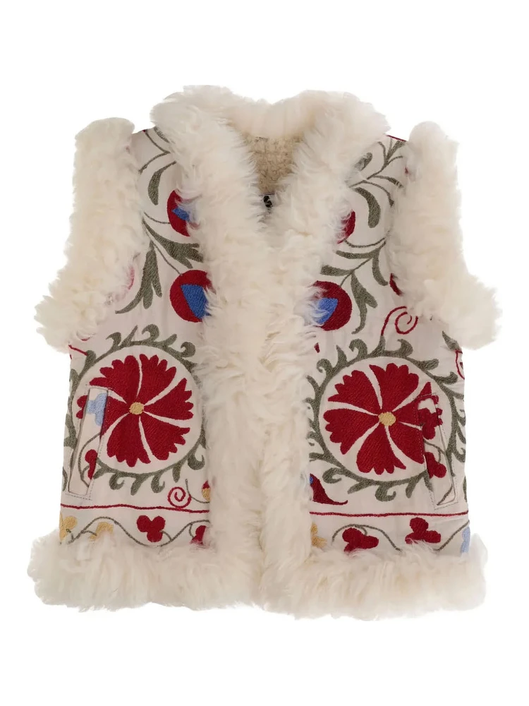 Multicolor Sleeveless Jacket with Fur Trims and All-Over Floral Motif in Cotton Woman
