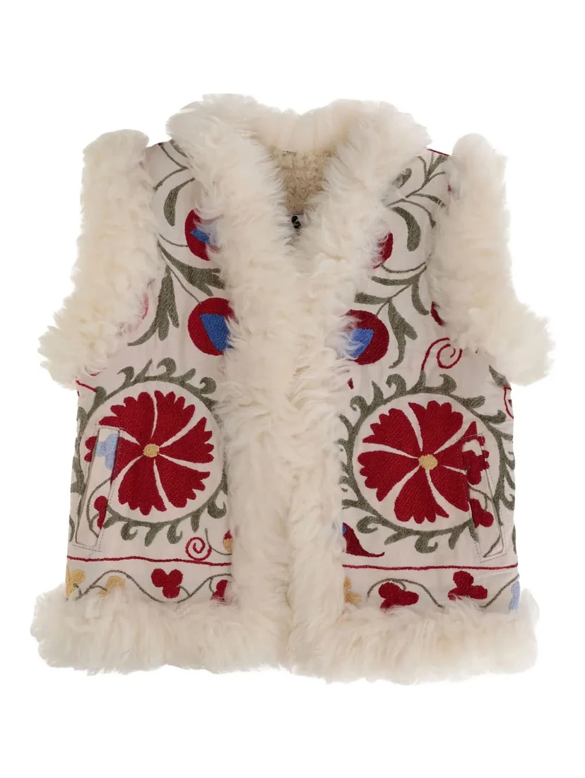Multicolor Sleeveless Jacket with Fur Trims and All-Over Floral Motif in Cotton Woman