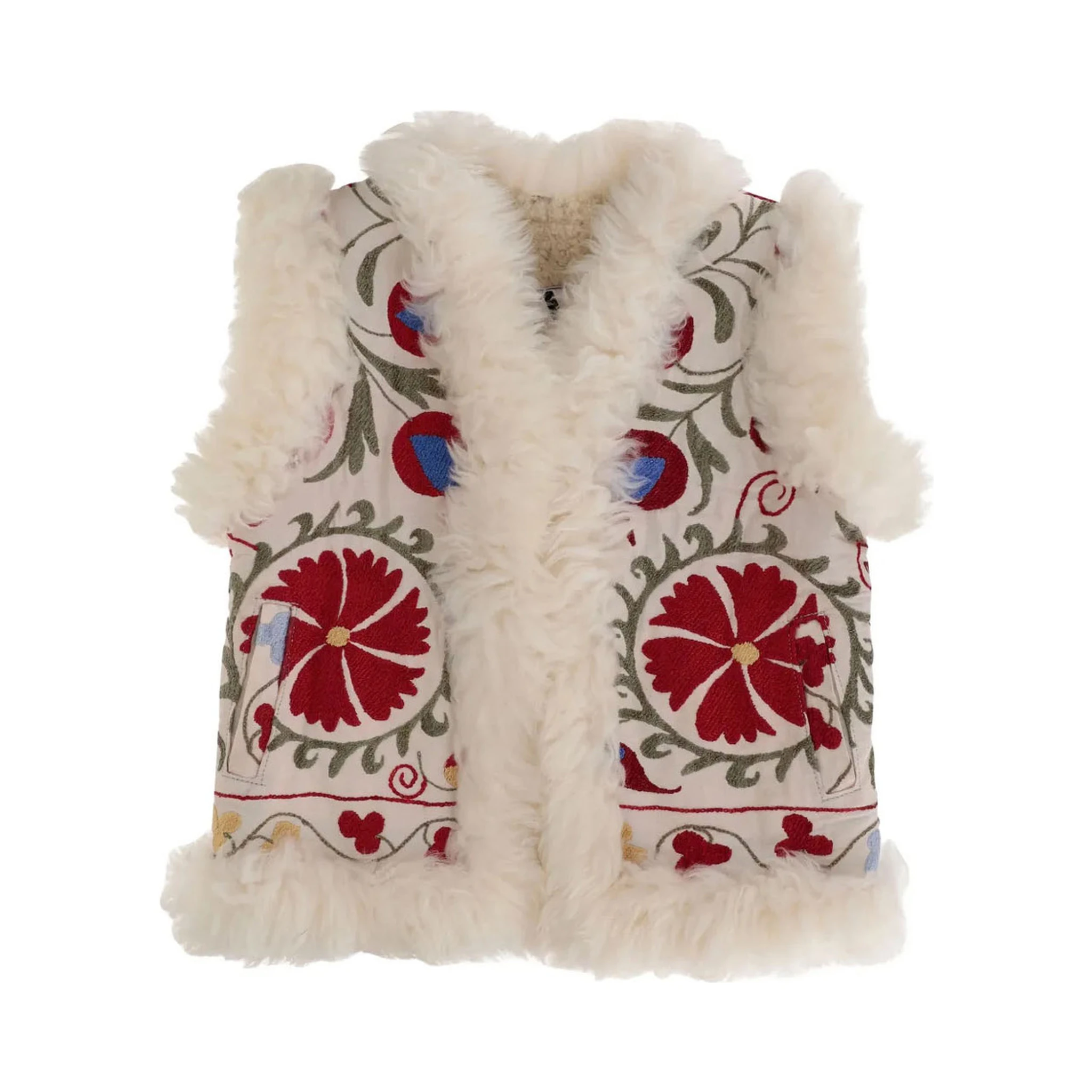 Multicolor Sleeveless Jacket with Fur Trims and All-Over Floral Motif in Cotton Woman