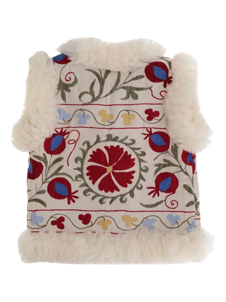 Multicolor Sleeveless Jacket with Fur Trims and All-Over Floral Motif in Cotton Woman alternative