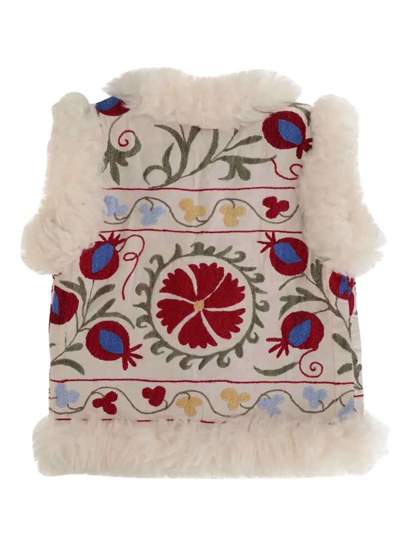 Multicolor Sleeveless Jacket with Fur Trims and All-Over Floral Motif in Cotton Woman