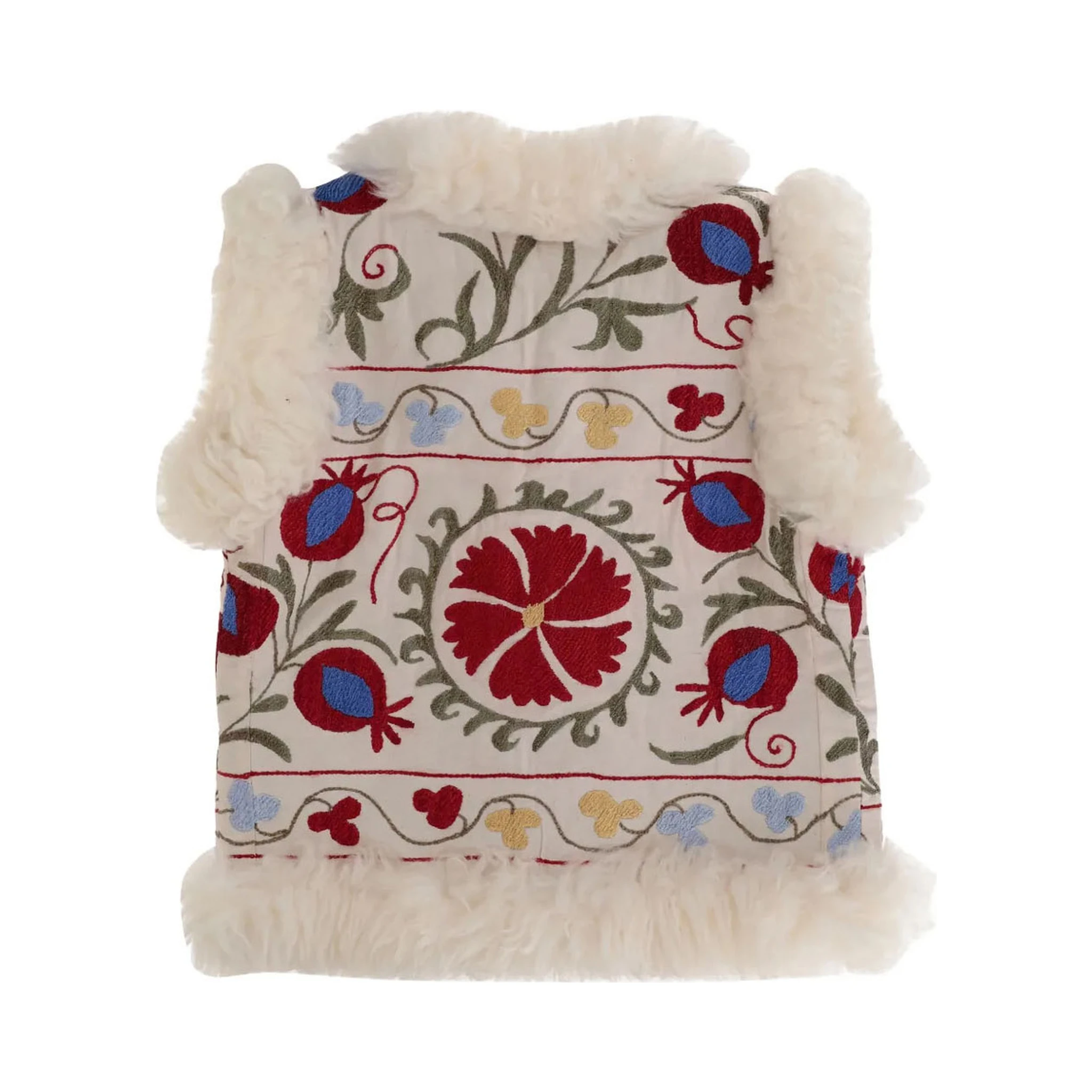 Multicolor Sleeveless Jacket with Fur Trims and All-Over Floral Motif in Cotton Woman