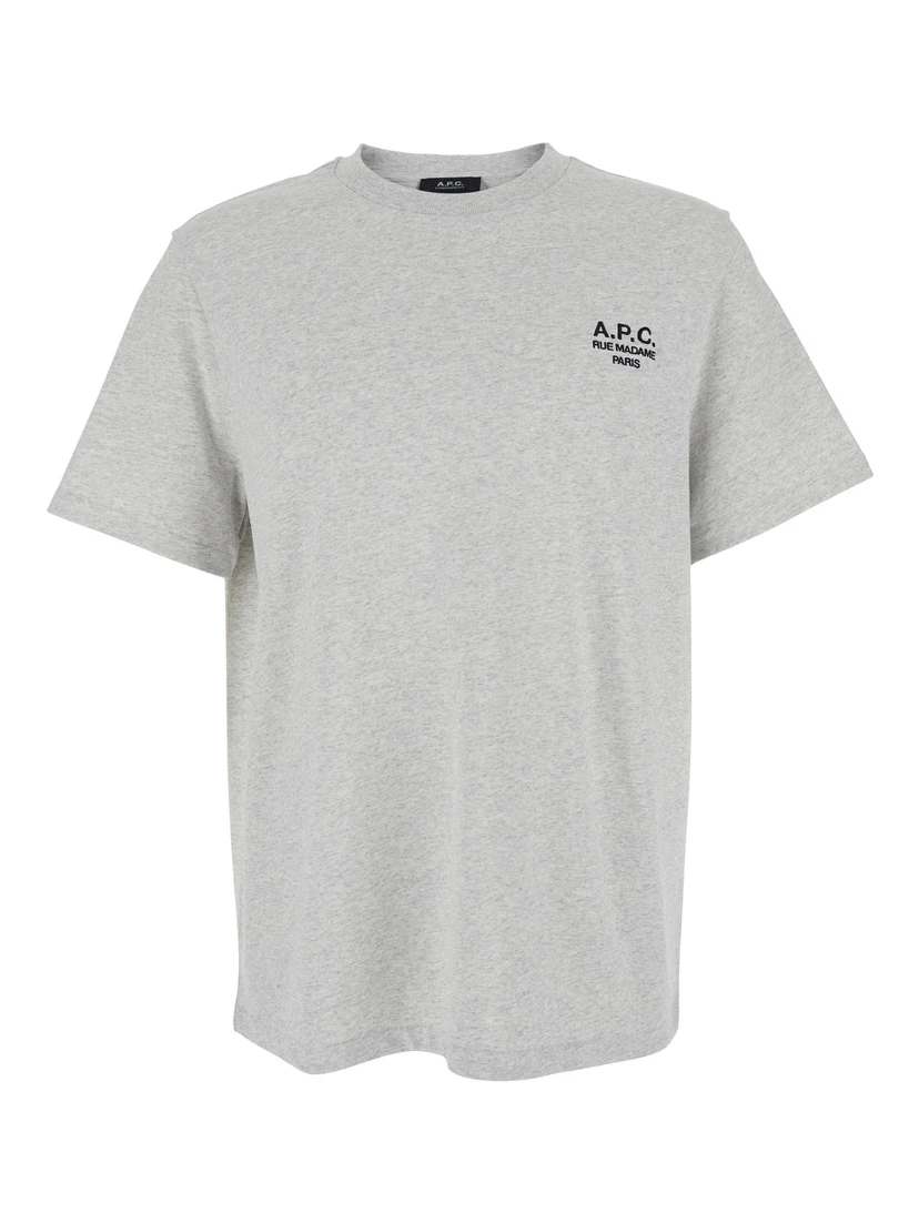 Grey Crewneck T-Shirt with Logo Embroidered on the Front in Cotton Woman