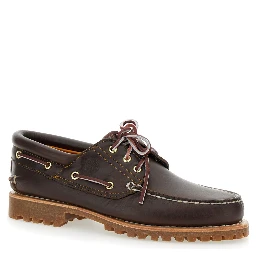 Brown Loafers with Embossed Logo on the Side and Low Block Heel in Leather Man