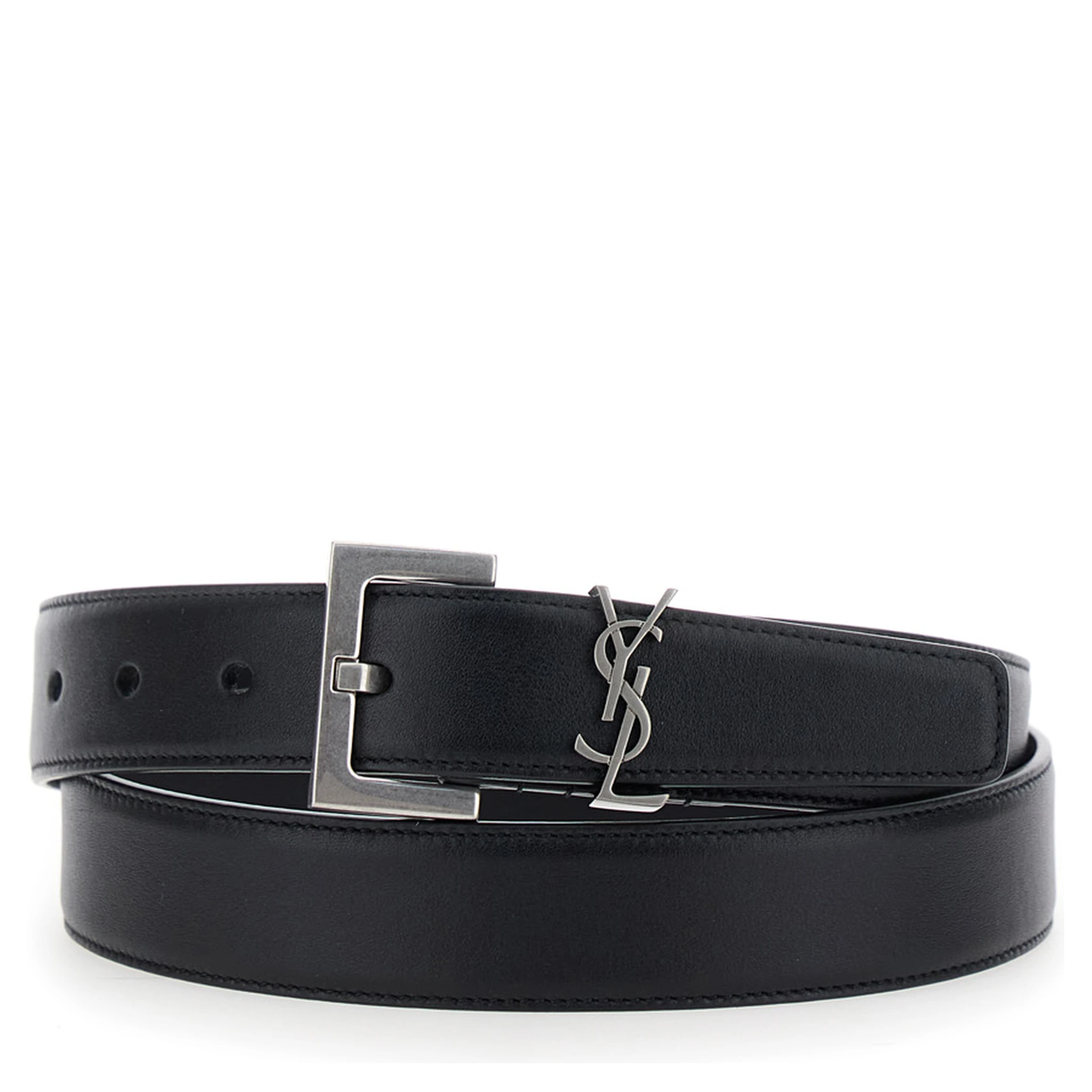 Black Belt with Square Buckle and Cassandre Plaque in Leather Woman