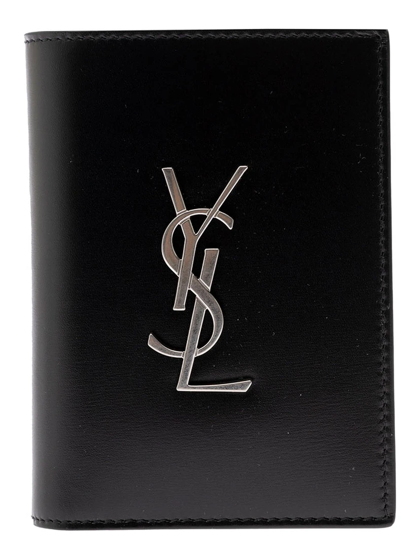 Black Leather Wallet with YSL Metal Logo Man