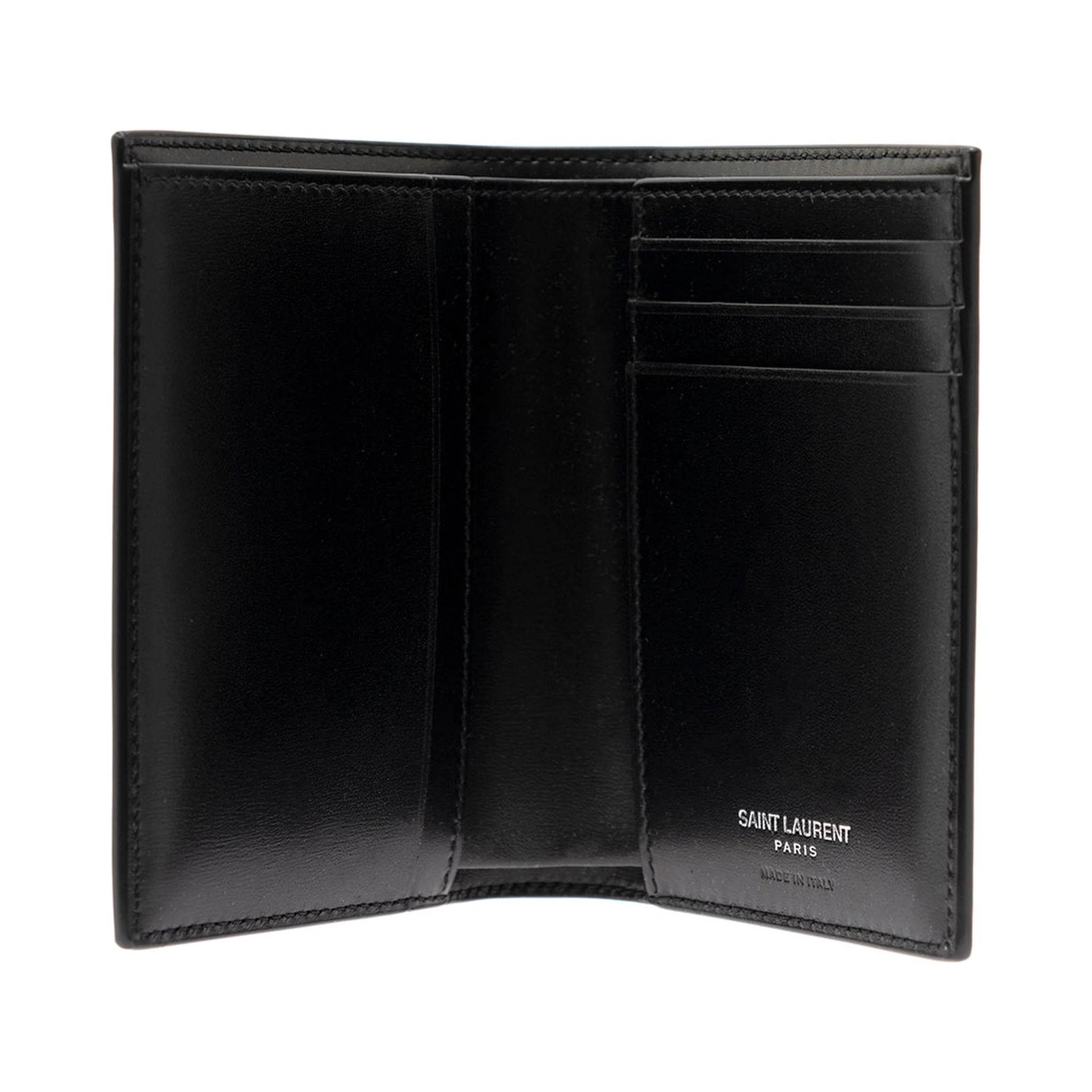 Black Leather Wallet with YSL Metal Logo Man