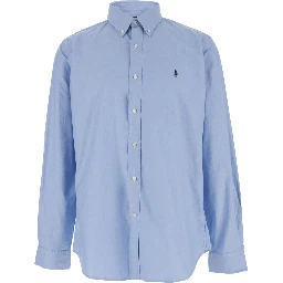 Custom Fit Blue Shirt with Button Down Collar and Pony Embroidery on the Front in Stretch Cotton Man