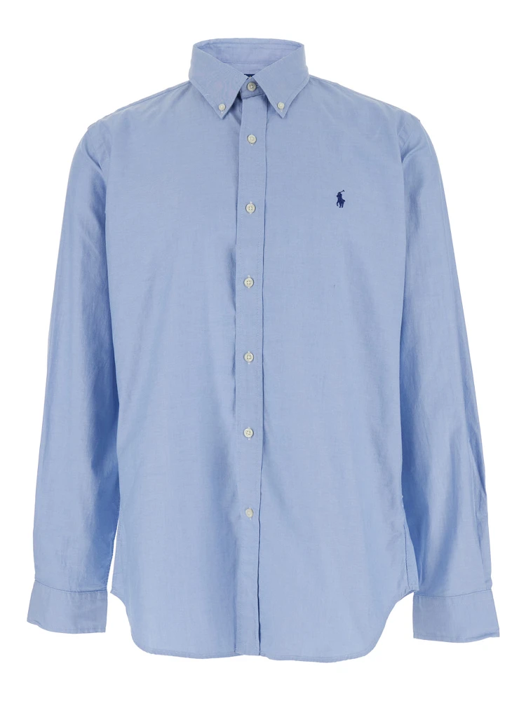 Custom Fit Blue Shirt with Button Down Collar and Pony Embroidery on the Front in Stretch Cotton Man