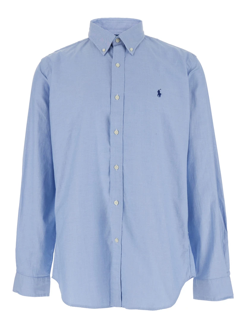 Custom Fit Blue Shirt with Button Down Collar and Pony Embroidery on the Front in Stretch Cotton Man
