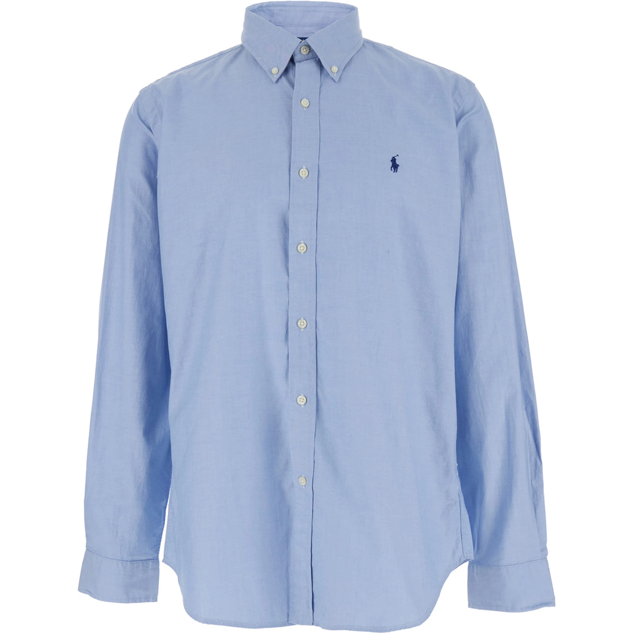 Custom Fit Blue Shirt with Button Down Collar and Pony Embroidery on the Front in Stretch Cotton Man