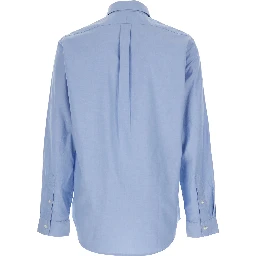 Custom Fit Blue Shirt with Button Down Collar and Pony Embroidery on the Front in Stretch Cotton Man