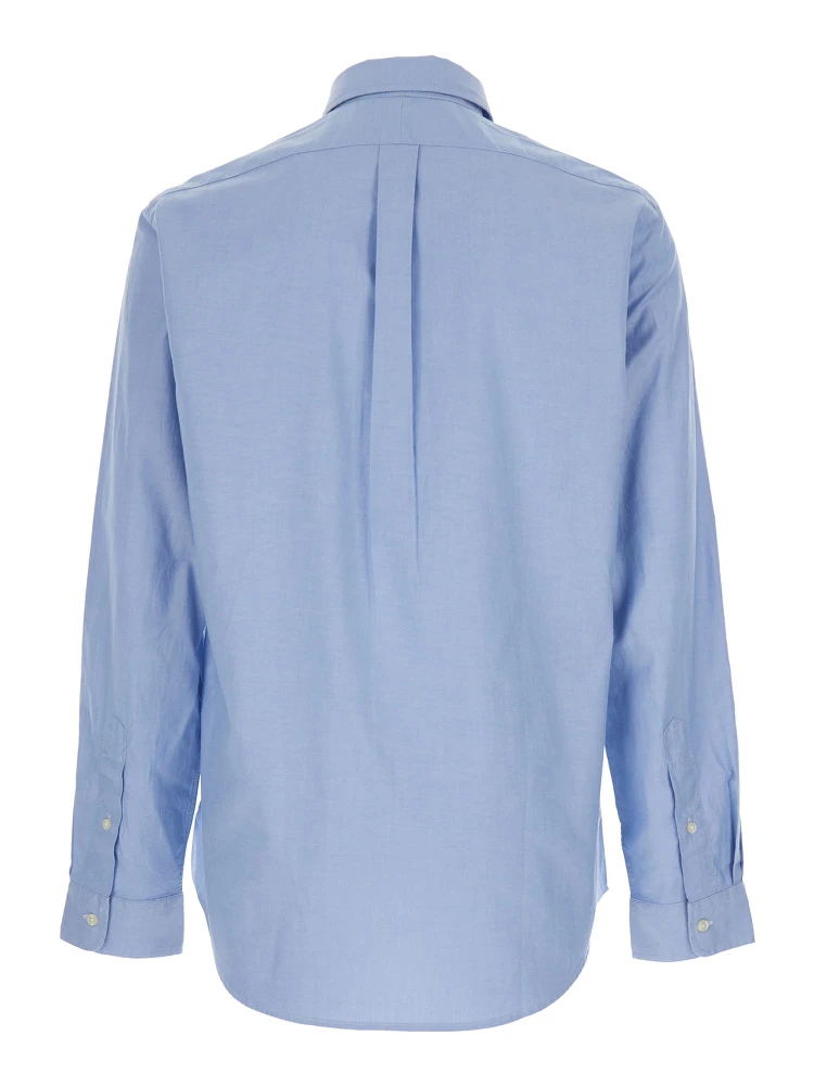 Custom Fit Blue Shirt with Button Down Collar and Pony Embroidery on the Front in Stretch Cotton Man alternative