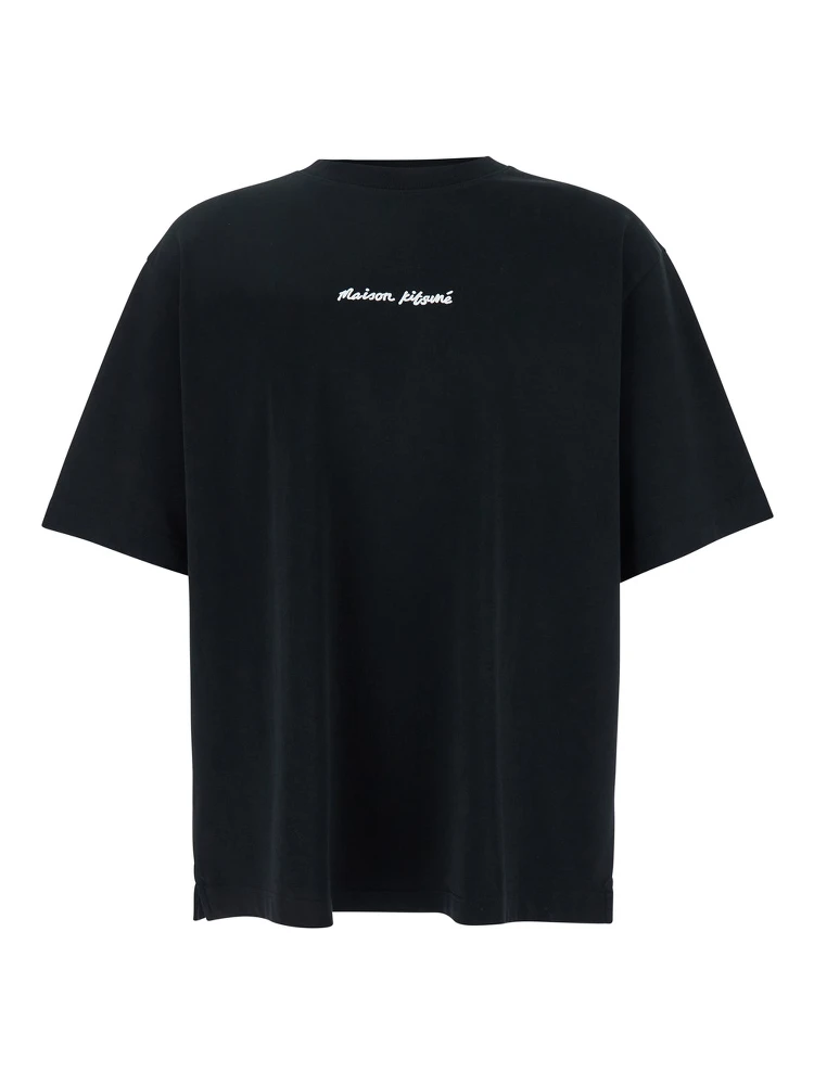 Black T-Shirt with Logo Lettering Printed on the Front in Cotton Man