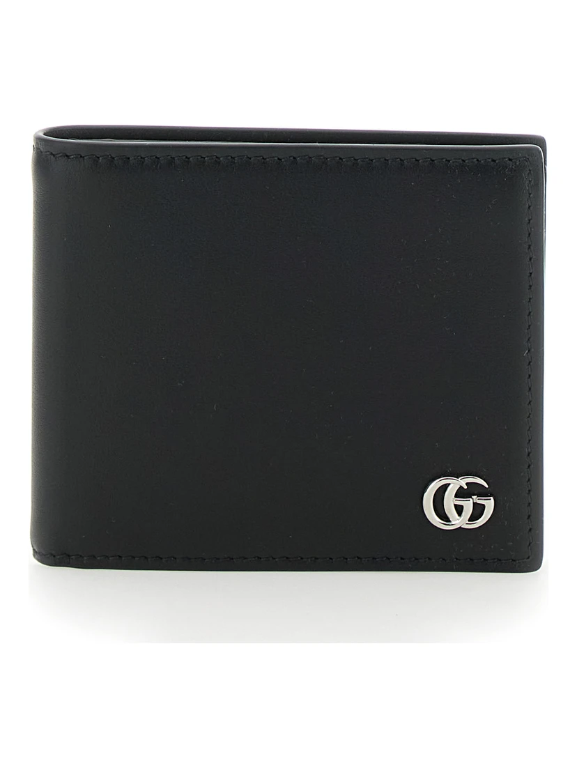 Black Bi-Fold Wallet with Double G Plaque on the Front in Leather Man