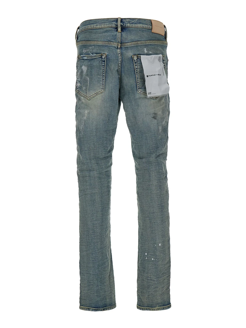 Light Blue Five Pockets Skinny Jeans with Paint Stains in Cotton Denim Man
