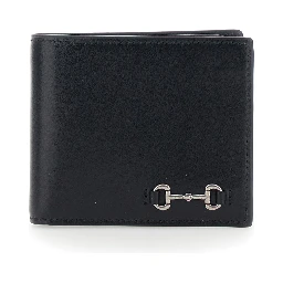 Black Bi-Fold Wallet with Horsebit on the Front and Embossed Logo on the Inside in Leather Man